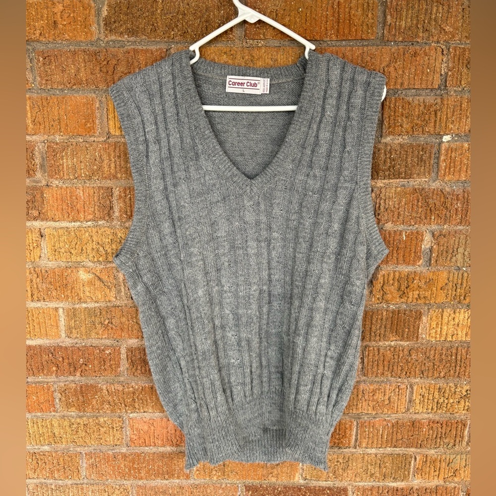 Vintage 70s Career Club Gray Cable Knit Sweater Vest Sz L Unisex Grandpa Prep